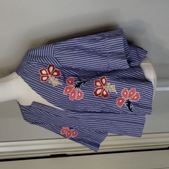 Zara Woman Chambray Embroidered Floral Striped Elbow Length Top Size Large - Picture 2 of 10